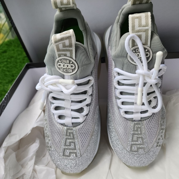 NIB Versace Silver Sparkle Chain Reaction Sneakers 8 US Made in Italy - Picture 5 of 5